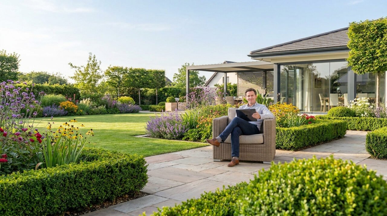 Homme souriant sur terrasse, tablette en main, dans un magnifique jardin fleuri et bien entretenu avec maison moderne.