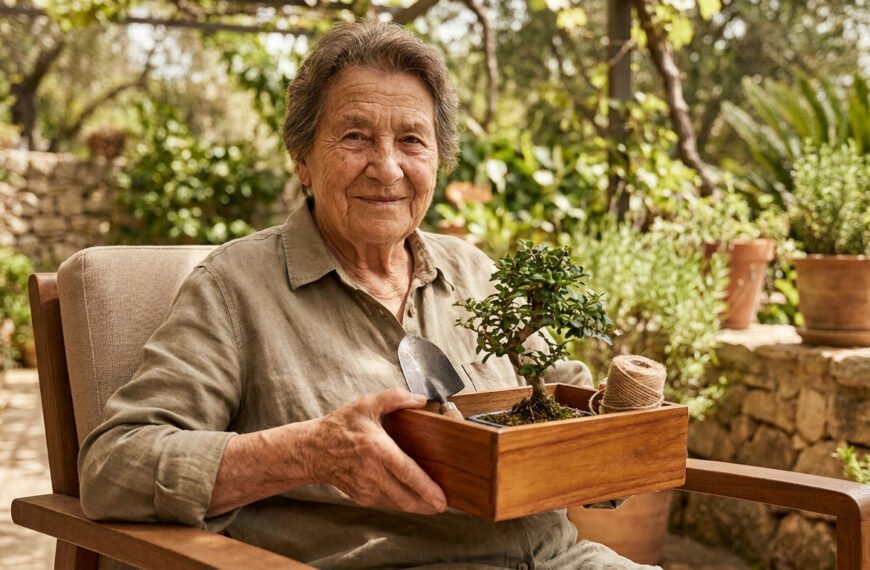 Une femme âgée souriante assise dans un jardin ensoleillé, tenant un kit de jardinage avec un bonsaï.