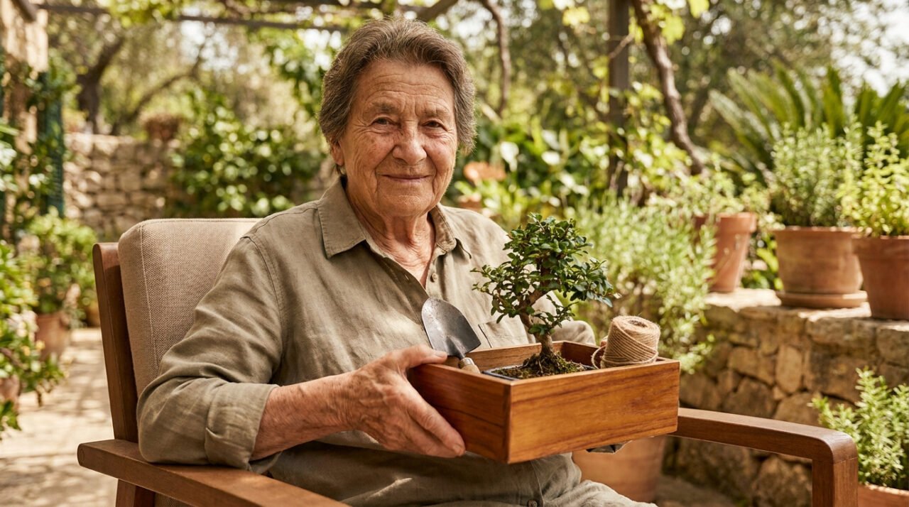 Une femme âgée souriante assise dans un jardin ensoleillé, tenant un kit de jardinage avec un bonsaï.