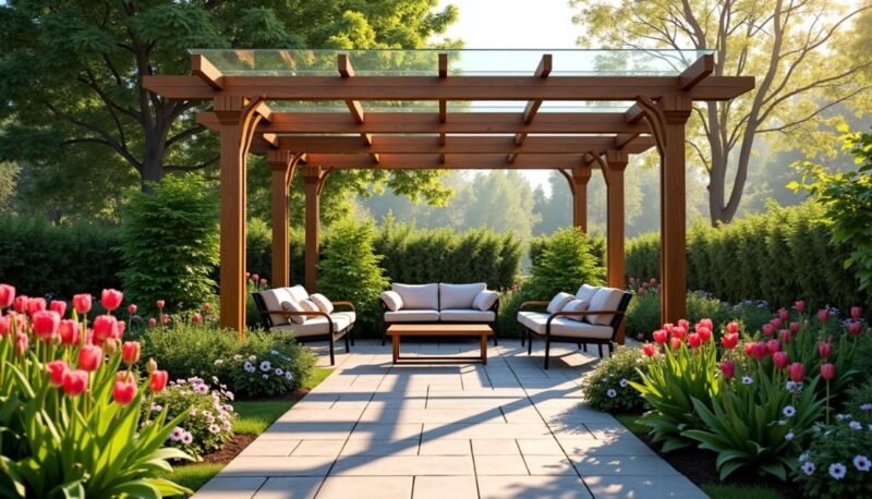 Une pergola en bois surmontée d'un toit en verre surplombe des canapés d'extérieur et une table basse, le tout entouré de tulipes en fleurs et de verdure, le long d'une allée pavée.