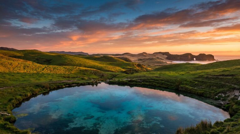 Paysage de Nouvelle-Zélande au coucher de soleil: bassin d'eau turquoise, collines verdoyantes et arche rocheuse côtière.