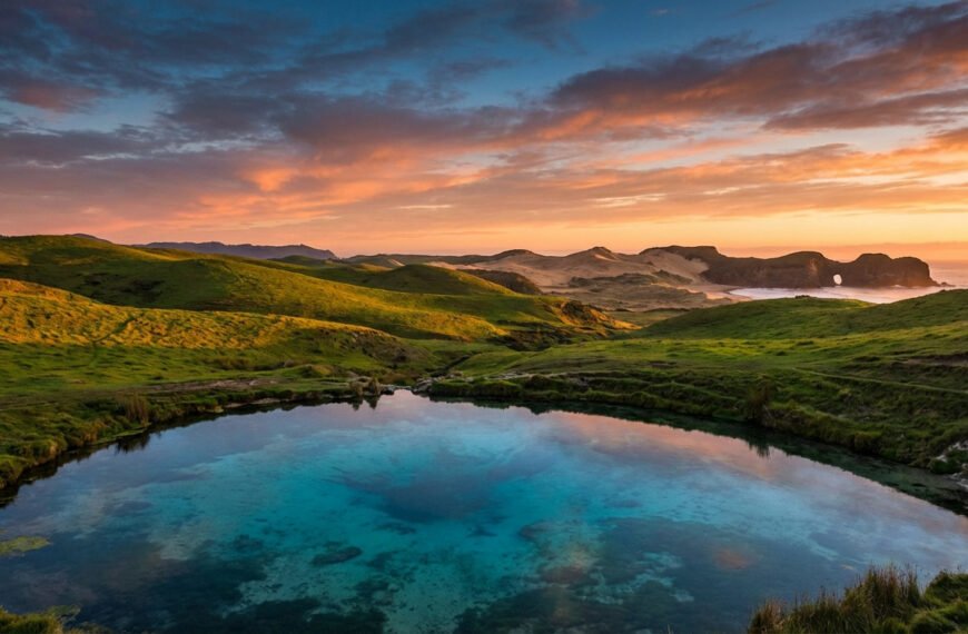 Paysage de Nouvelle-Zélande au coucher de soleil: bassin d'eau turquoise, collines verdoyantes et arche rocheuse côtière.