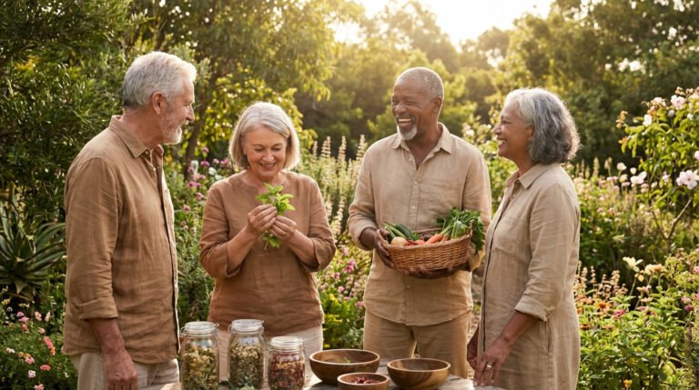 Four diverse senior adults smiling and laughing in a lush garden, one holding fresh herbs, another a basket of vegetables, with jars of dried herbs on a table.