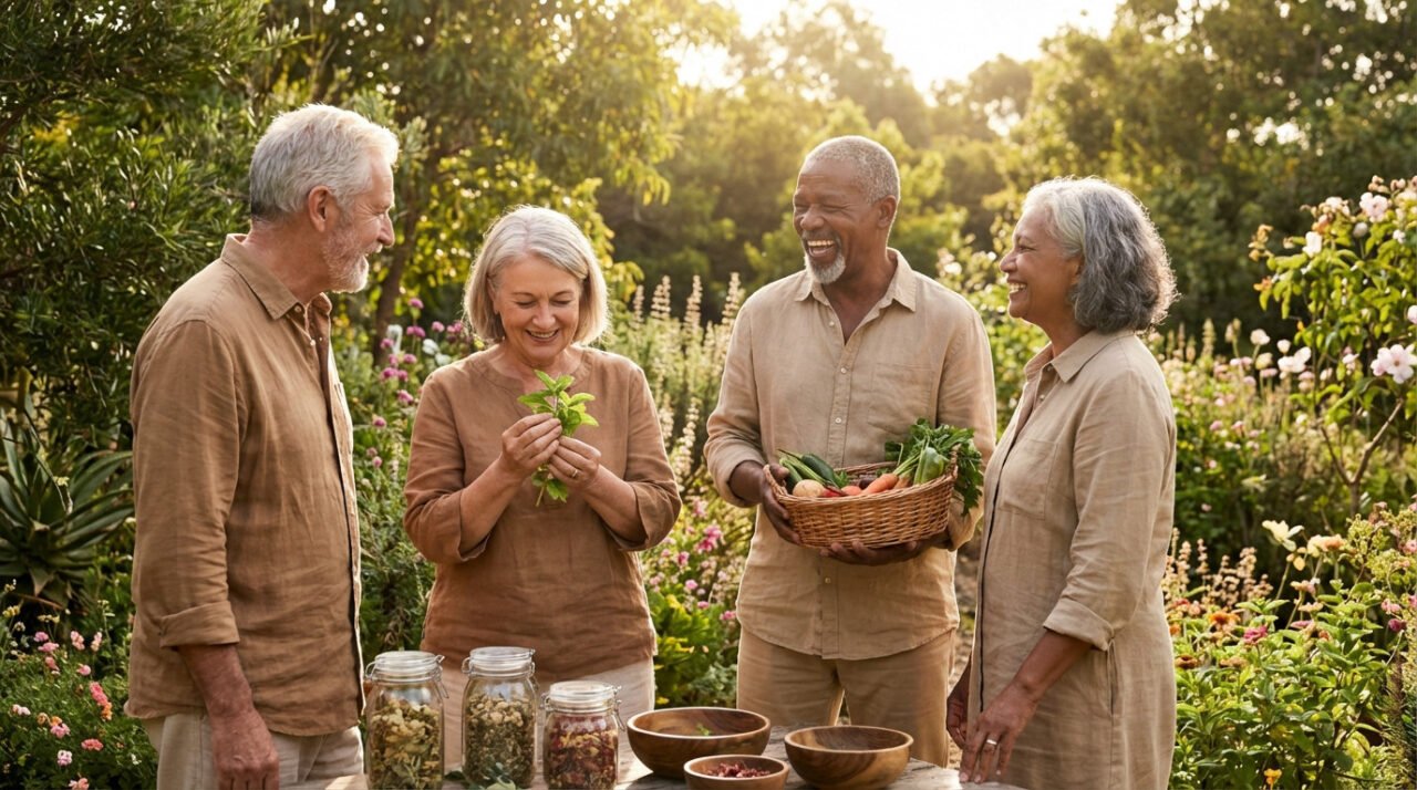 Four diverse senior adults smiling and laughing in a lush garden, one holding fresh herbs, another a basket of vegetables, with jars of dried herbs on a table.