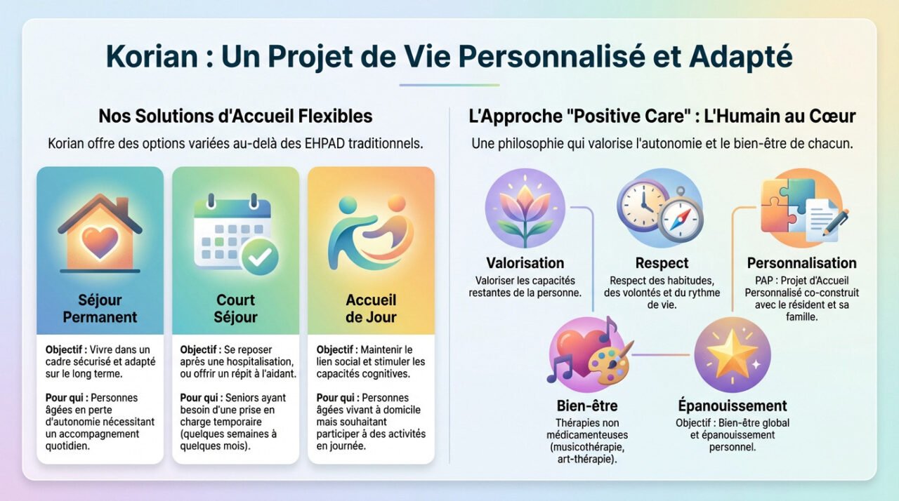 Personnel soignant accompagnant un résident âgé dans un établissement Korian avec bienveillance