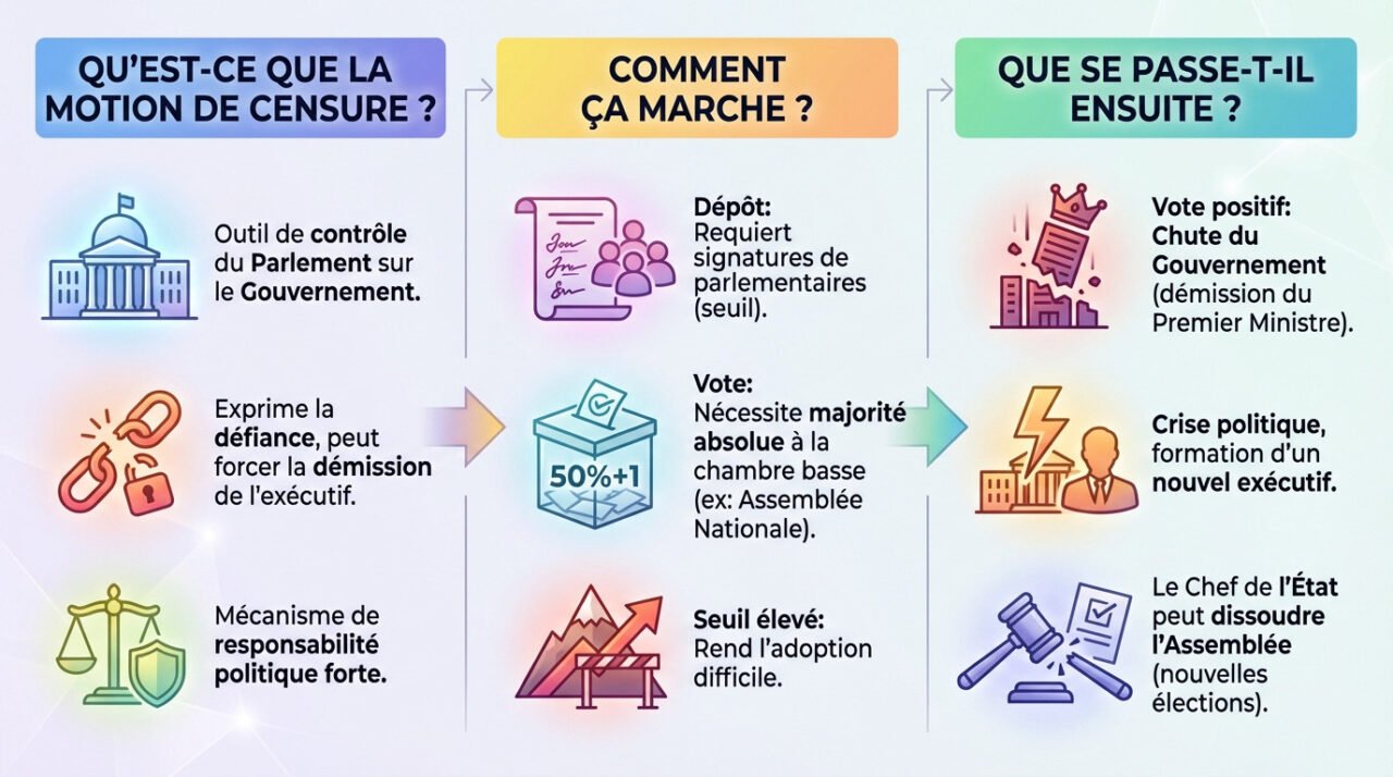Schéma explicatif du fonctionnement et des conséquences d'une motion de censure