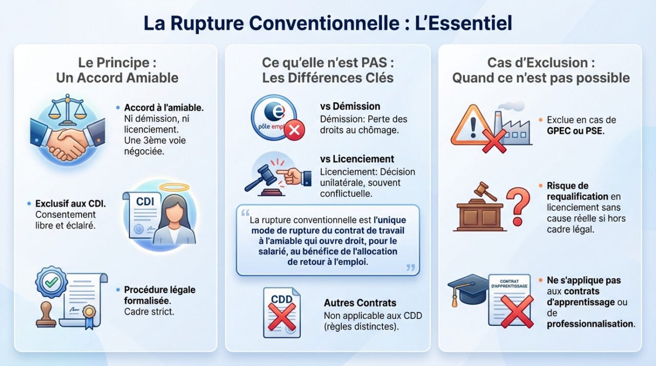 Schéma explicatif des étapes clés de la rupture conventionnelle pour un salarié en CDI