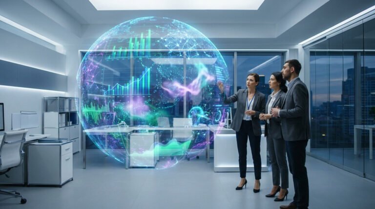 Trois professionnels observant une projection holographique interactive d'un globe terrestre avec des graphiques de données.