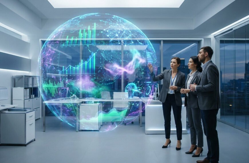 Trois professionnels observant une projection holographique interactive d'un globe terrestre avec des graphiques de données.