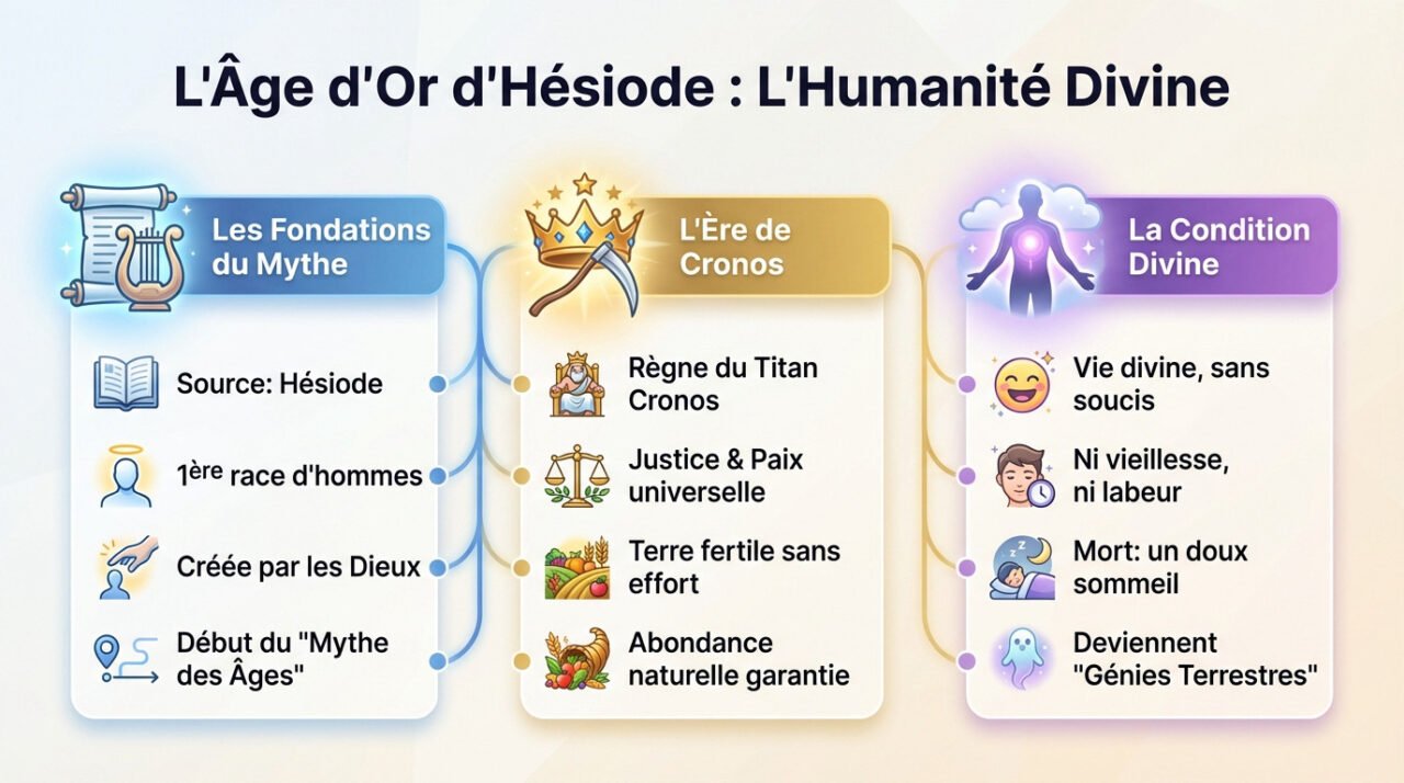 Illustration artistique de l'Âge d'Or selon Hésiode montrant une humanité divine en harmonie
