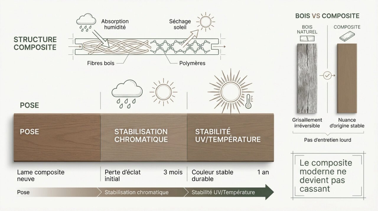 Évolution de la couleur et stabilisation des lames de terrasse en bois composite