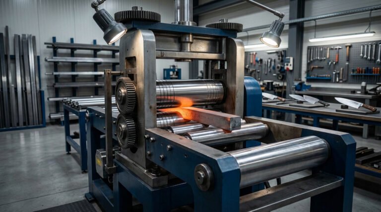 Laminoir formant un métal rougeoyant dans un atelier de coutellerie. Outils et couteaux finis sont visibles en arrière-plan.