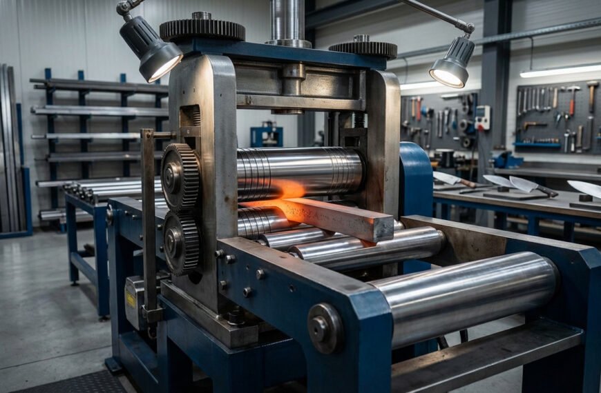 Laminoir formant un métal rougeoyant dans un atelier de coutellerie. Outils et couteaux finis sont visibles en arrière-plan.