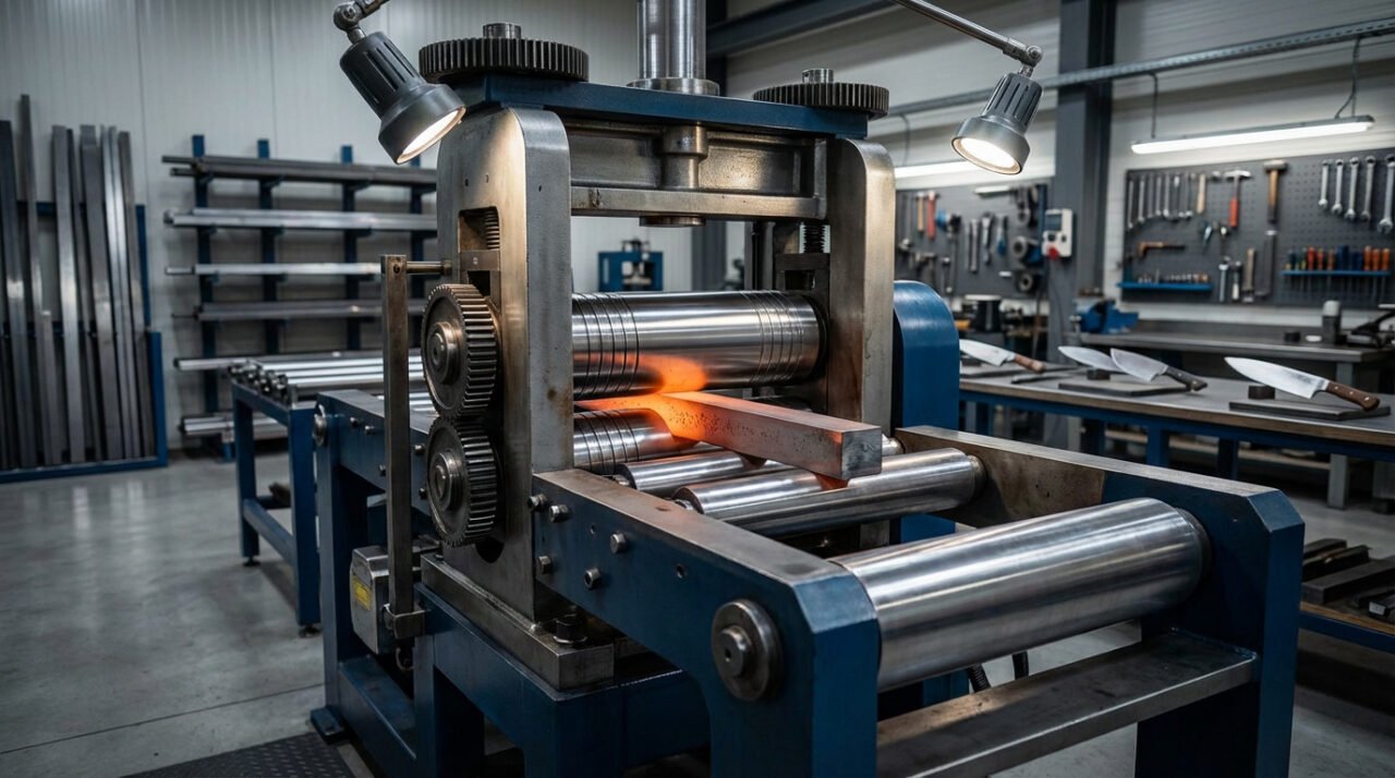 Laminoir formant un métal rougeoyant dans un atelier de coutellerie. Outils et couteaux finis sont visibles en arrière-plan.