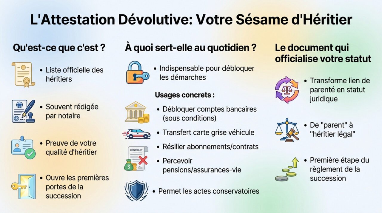 Exemple d'attestation dévolutive notariale posée sur un bureau