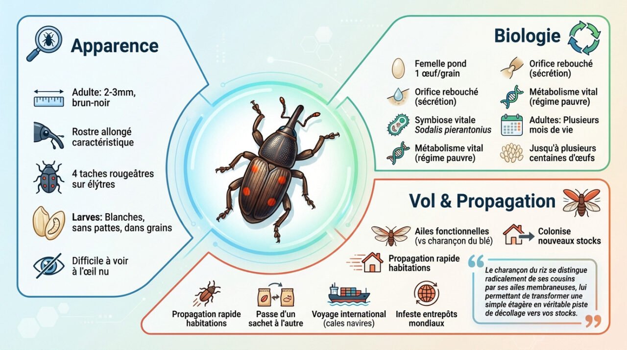 Charançon du riz adulte Sitophilus oryzae avec son rostre allongé caractéristique sur des grains