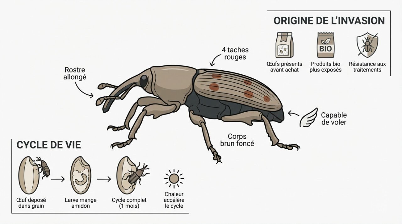Charançon du riz Sitophilus oryzae avec rostre et taches rouges sur les ailes