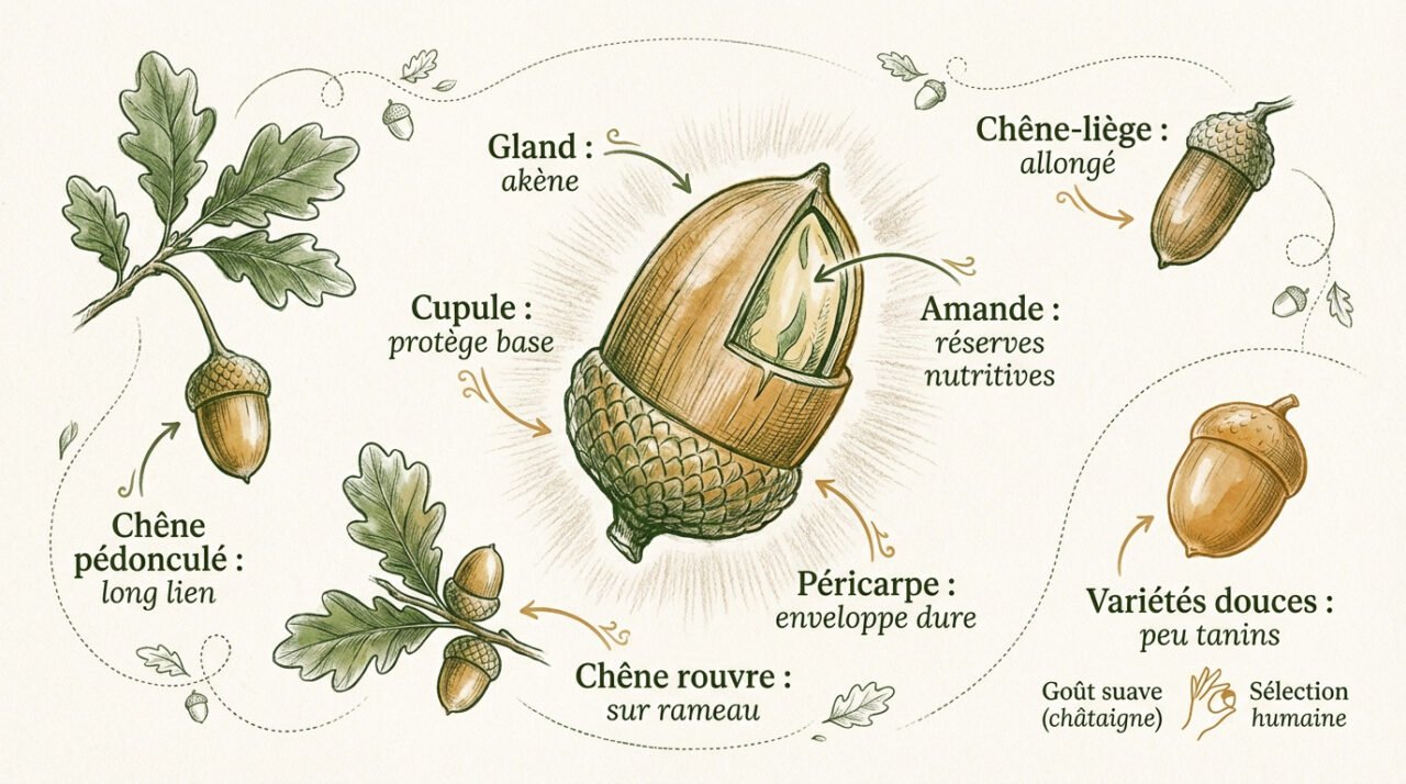 Anatomie détaillée d'un gland de chêne avec sa cupule et son péricarpe