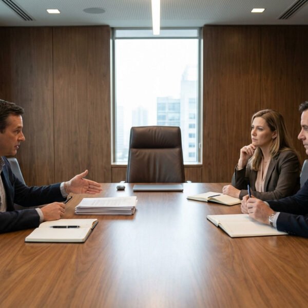 Three executives in a modern conference room discuss around a table with an empty executive chair, symbolizing a leadership transition.