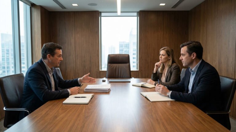 Three executives in a modern conference room discuss around a table with an empty executive chair, symbolizing a leadership transition.
