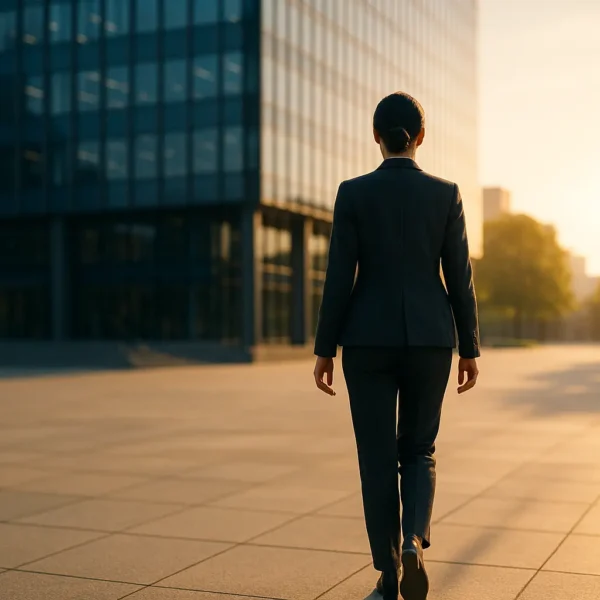 Une personne en costume se promène seule sur une place de la ville, près d'un immeuble de bureaux moderne en verre, au lever du soleil.