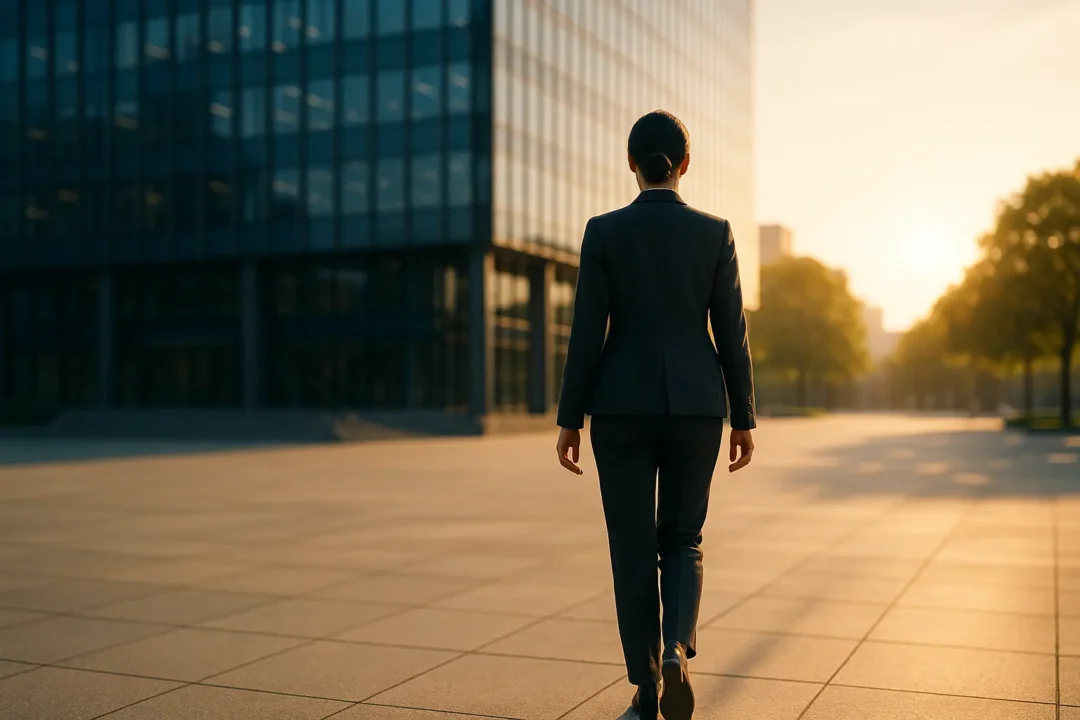 Une personne en costume se promène seule sur une place de la ville, près d'un immeuble de bureaux moderne en verre, au lever du soleil.