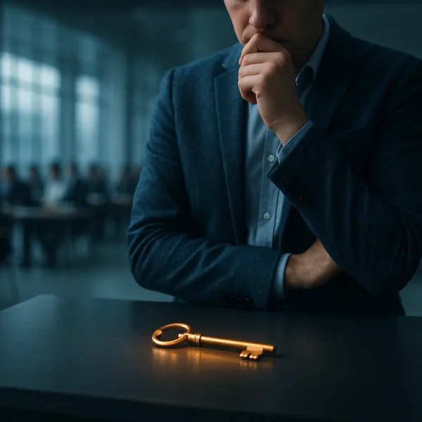 Un homme en costume se tient à une table, regardant pensivement une grande clé dorée sur la surface, avec un bureau et des gens qui travaillent en arrière plan.