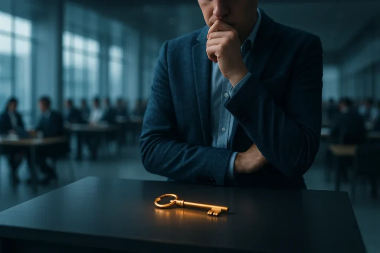 Un homme en costume se tient à une table, regardant pensivement une grande clé dorée sur la surface, avec un bureau et des gens qui travaillent en arrière plan.