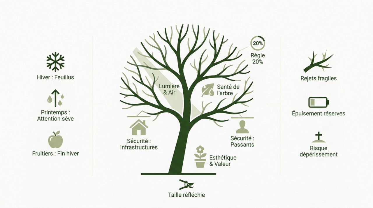 Schéma expliquant pourquoi l'élagage régulier est bénéfique pour la santé et la sécurité des arbres