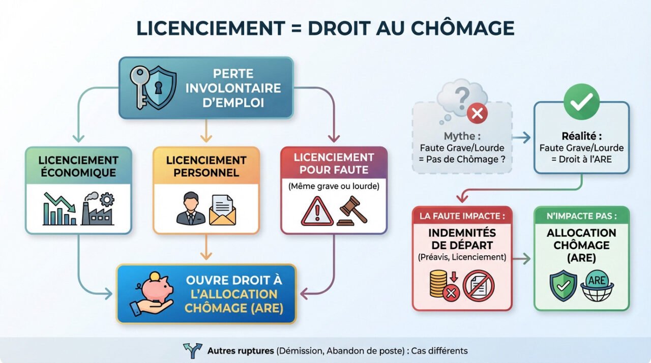 Infographie expliquant que tous les types de licenciement ouvrent droit au chômage en France, contrairement à la démission ou l'abandon de poste