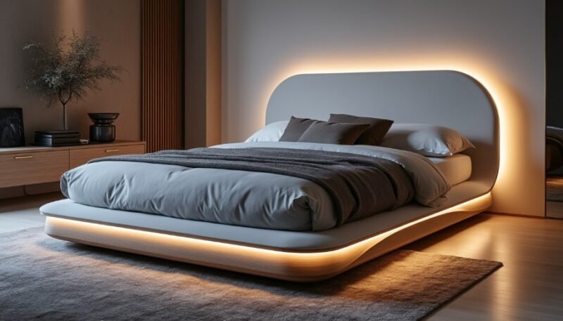 Chambre à coucher moderne avec un lit bas doté d'un éclairage LED doux autour du sommier et de la tête de lit, des oreillers et une couverture bien rangés, un sol en bois et un buffet avec des objets décoratifs.