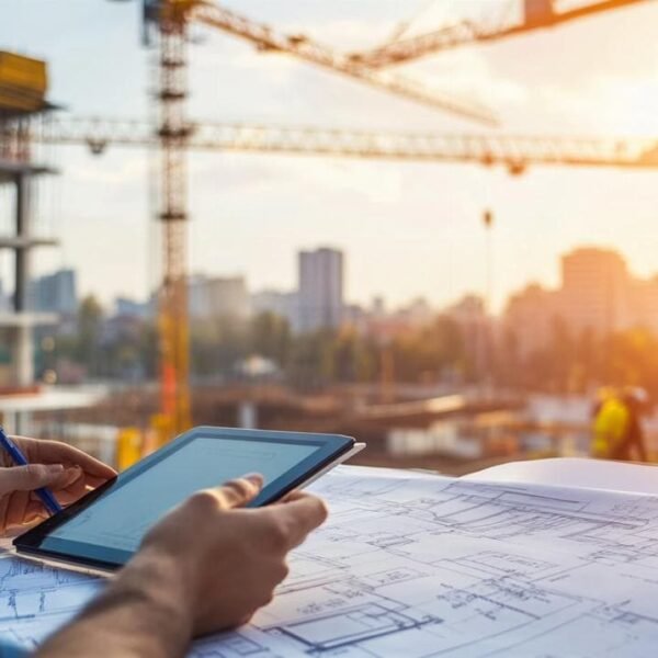 Une personne tenant une tablette et un stylo examine des plans sur un chantier de construction, avec des grues et des structures partiellement construites visibles à l'arrière-plan.