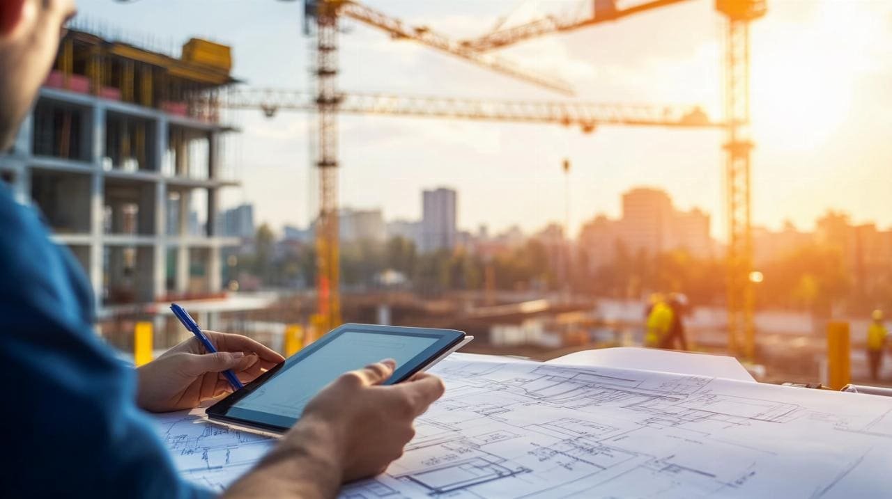 Une personne tenant une tablette et un stylo examine des plans sur un chantier de construction, avec des grues et des structures partiellement construites visibles à l'arrière-plan.