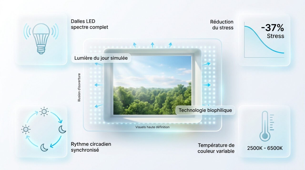 Fausse fenêtre lumineuse diffusant une lumière biophilique dans un intérieur moderne