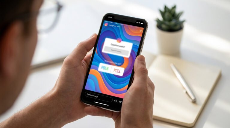 Une personne tenant un smartphone affichant une Story Instagram avec des stickers de sondage et de questions.