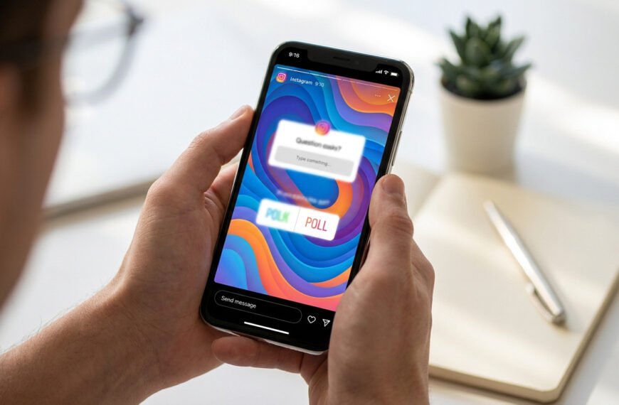 Une personne tenant un smartphone affichant une Story Instagram avec des stickers de sondage et de questions.