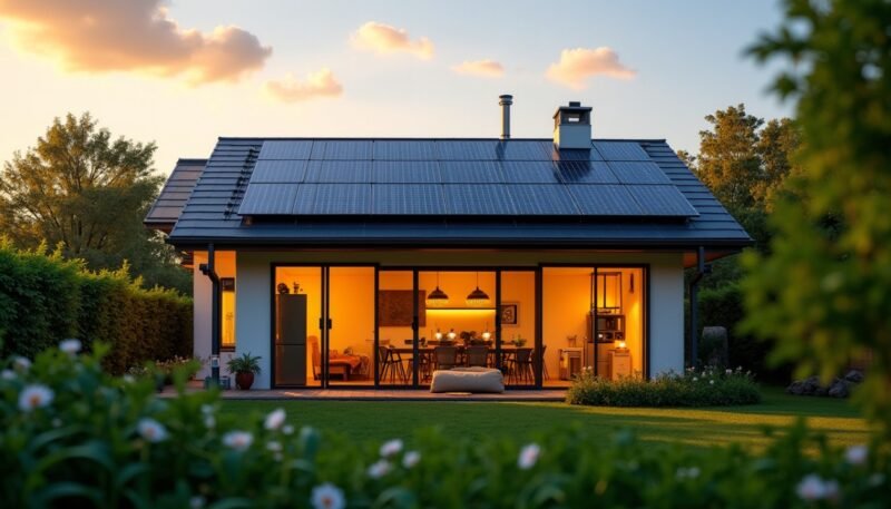 Une maison moderne avec des panneaux solaires sur le toit, de grandes portes vitrées et un éclairage intérieur chaleureux, entourée d'une pelouse et d'un jardin verdoyants au coucher du soleil.