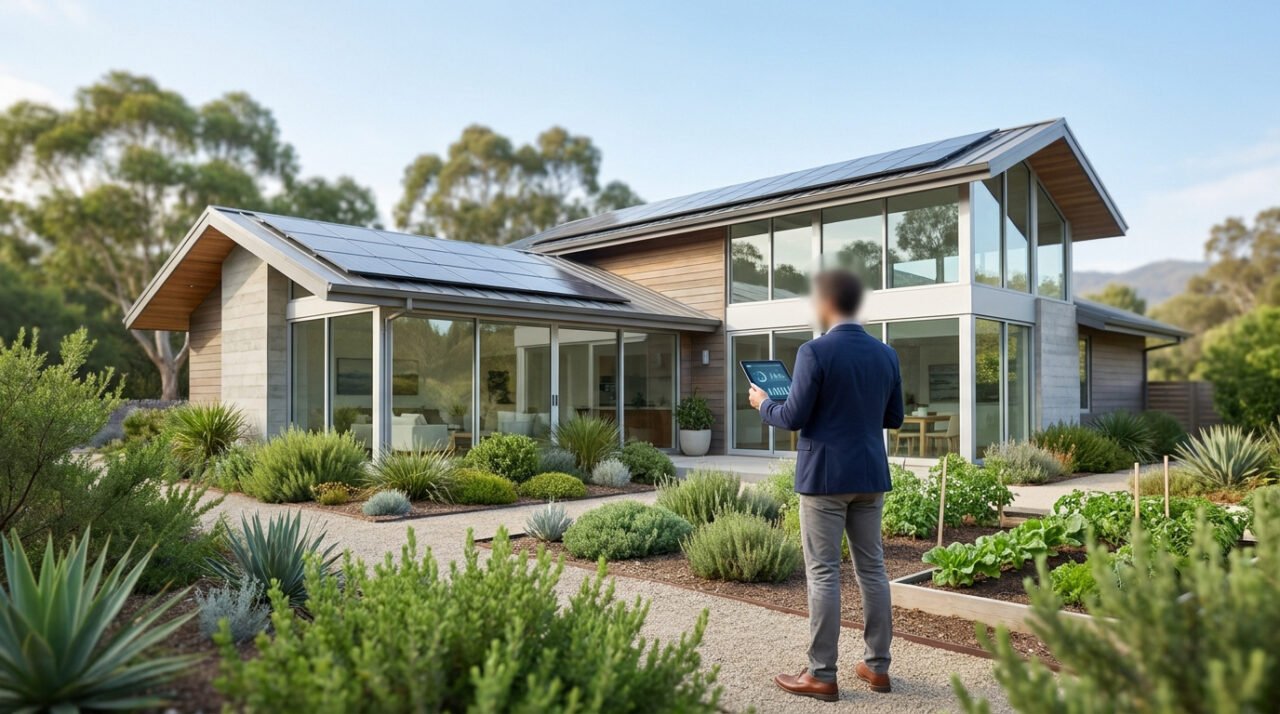 Un expert en costume réalise un diagnostic énergétique sur tablette devant une maison moderne avec des panneaux solaires.