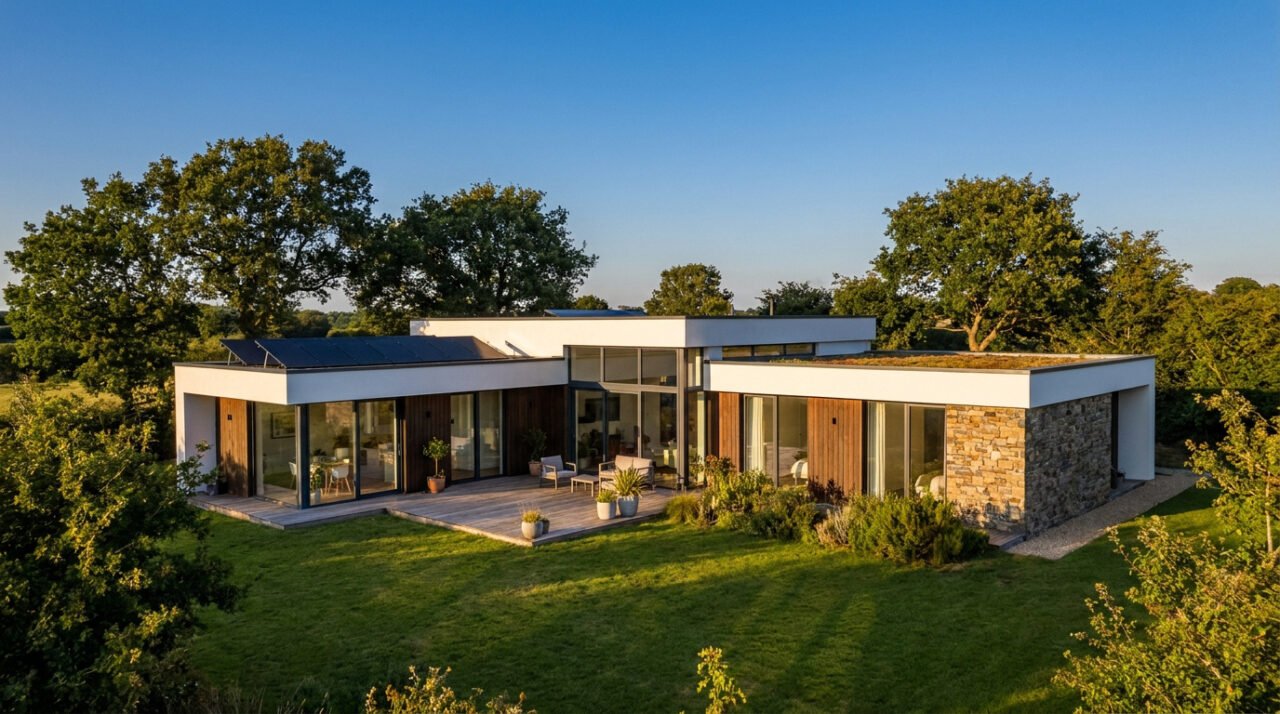 Maison moderne de plain-pied avec toit plat, panneaux solaires et terrasse en bois dans un jardin verdoyant.