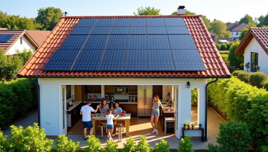 Une famille se réunit autour d'un îlot de cuisine dans une maison moderne avec des panneaux solaires sur le toit, entourée de haies vertes et de maisons voisines.