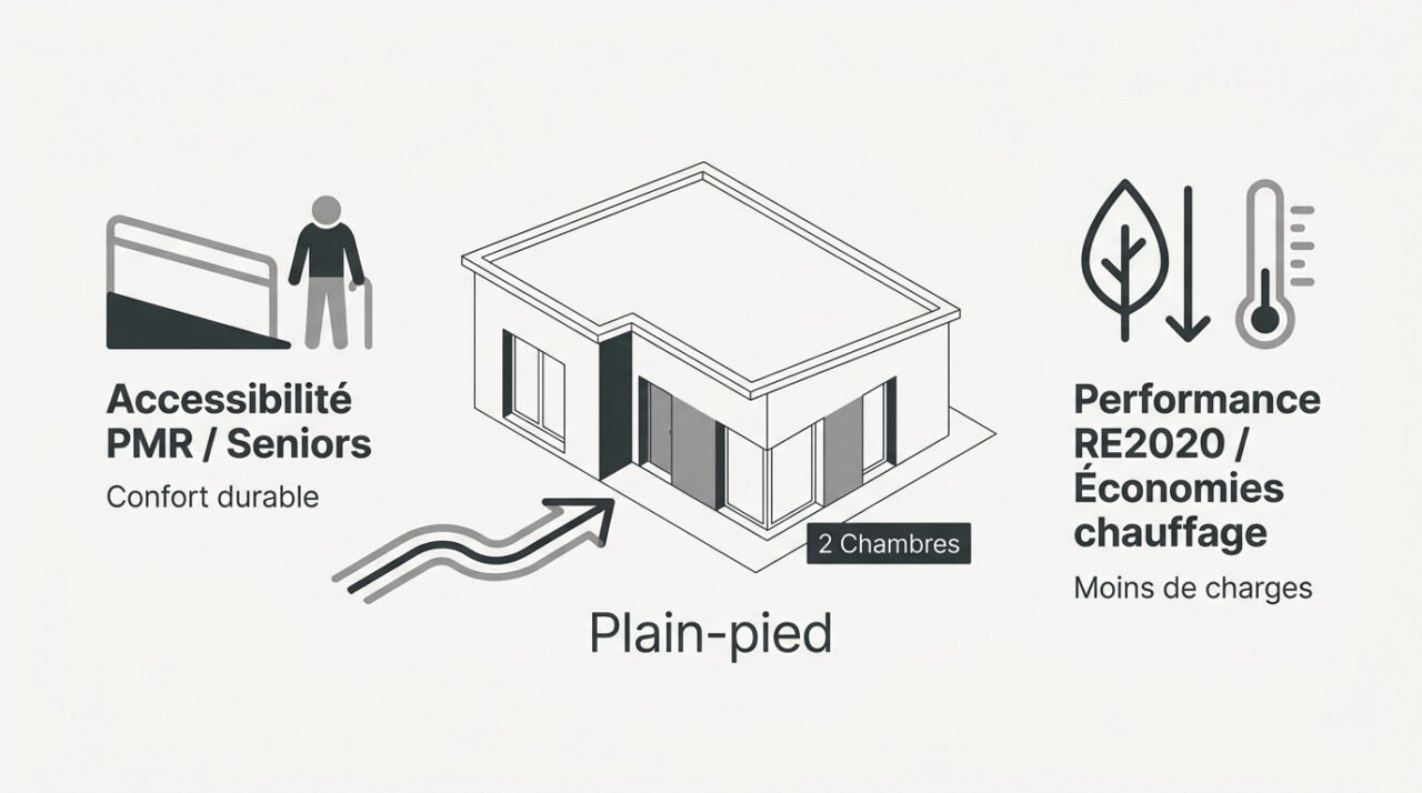 Plan maison plain-pied 2 chambres accessible et économe en énergie