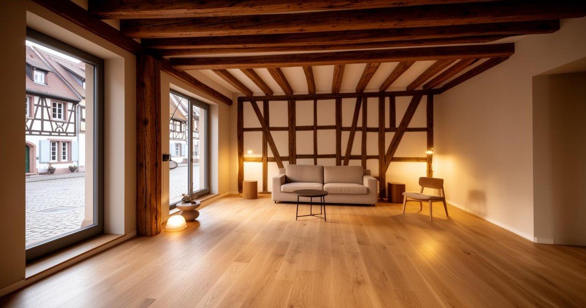 Un salon minimaliste avec des poutres en bois apparentes, un parquet en bois clair, un canapé, une chaise et de grandes fenêtres donnant sur une rue pavée avec des maisons à colombages.