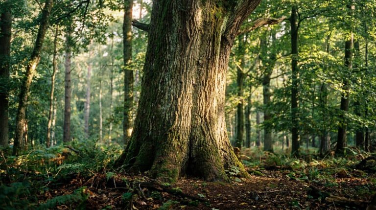 Un grand tronc d'arbre texturé et moussus, éclairé par le soleil, au premier plan d'une forêt verdoyante avec des fougères au sol.