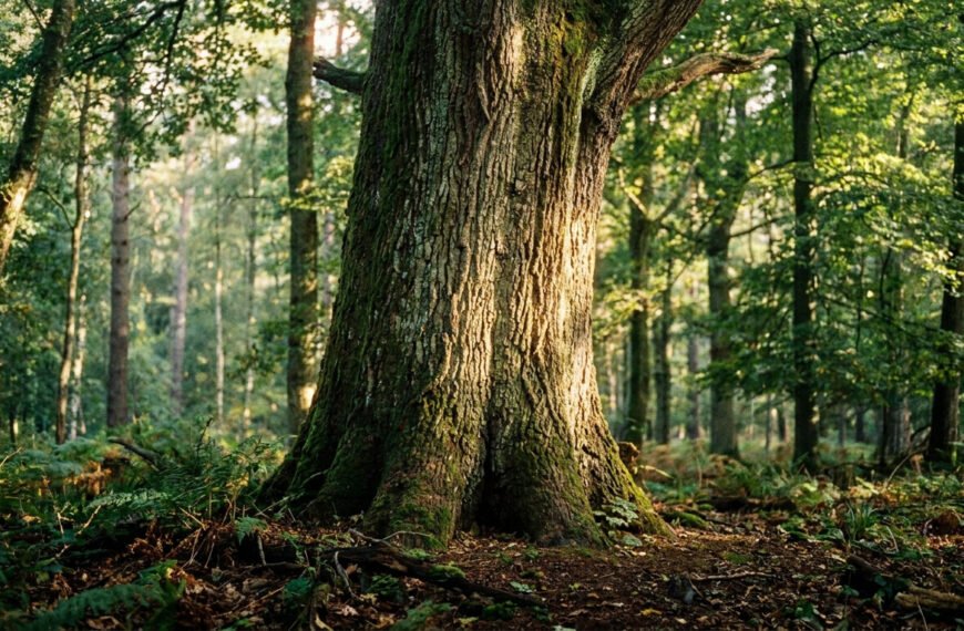 Un grand tronc d'arbre texturé et moussus, éclairé par le soleil, au premier plan d'une forêt verdoyante avec des fougères au sol.
