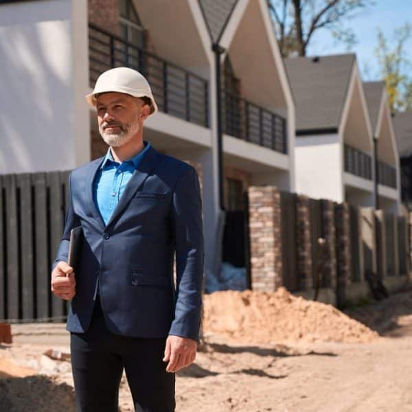 Un homme en costume bleu et casque de chantier se tient sur un chantier de construction avec des maisons en arrière plan.