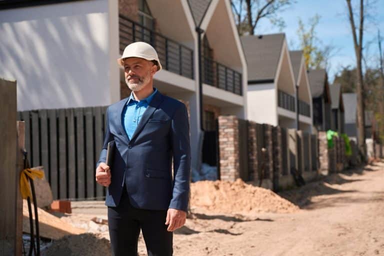 Un homme en costume bleu et casque de chantier se tient sur un chantier de construction avec des maisons en arrière plan.