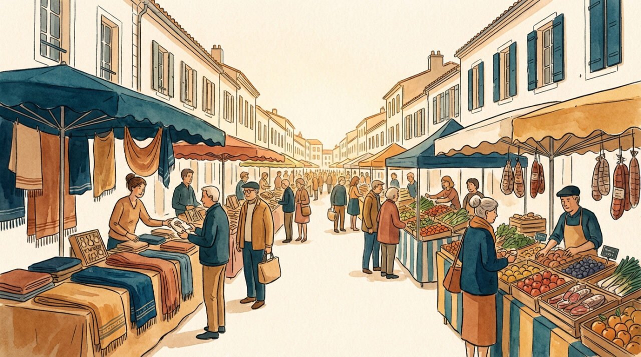 Étals colorés et foule animée au marché du cours Dupont aux Sables-d'Olonne