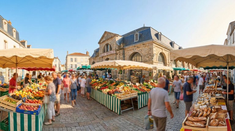 Vue panoramique d'un marché extérieur animé. Des étals de fruits, légumes, pain et fromage devant les Halles Centrales historiques.