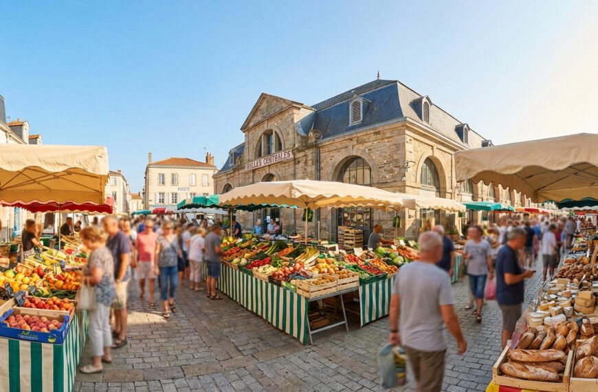 Vue panoramique d'un marché extérieur animé. Des étals de fruits, légumes, pain et fromage devant les Halles Centrales historiques.