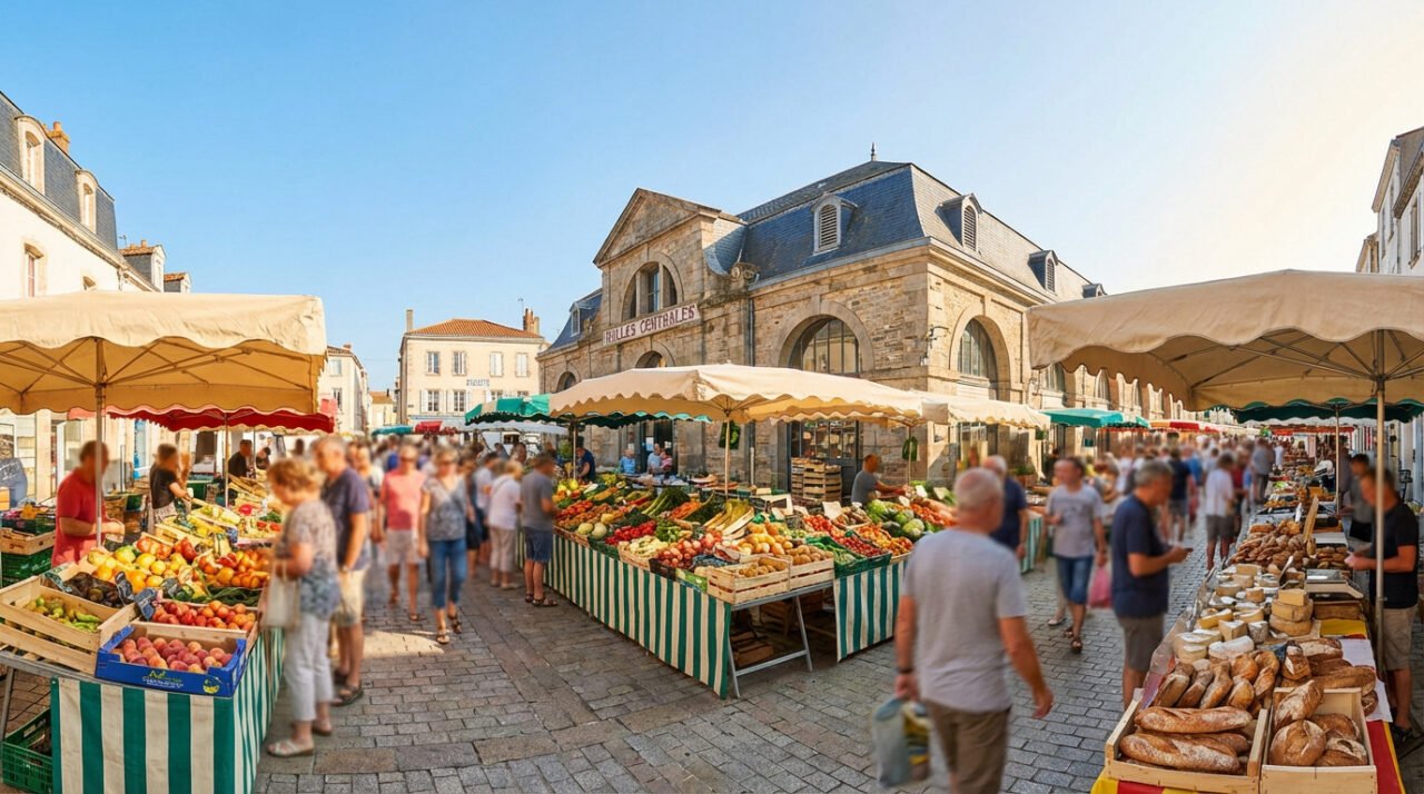 Vue panoramique d'un marché extérieur animé. Des étals de fruits, légumes, pain et fromage devant les Halles Centrales historiques.